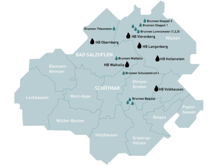 Die Wassergebietskarte zeigt alle Brunnen und Hochbehälter im Stadtgebiet. Nun sind alle Brunnen der Stadtwerke Bad Salzuflen sind mit UV-Anlagen ausgestattet. Grafikquelle: Stadtwerke Bad Salzuflen