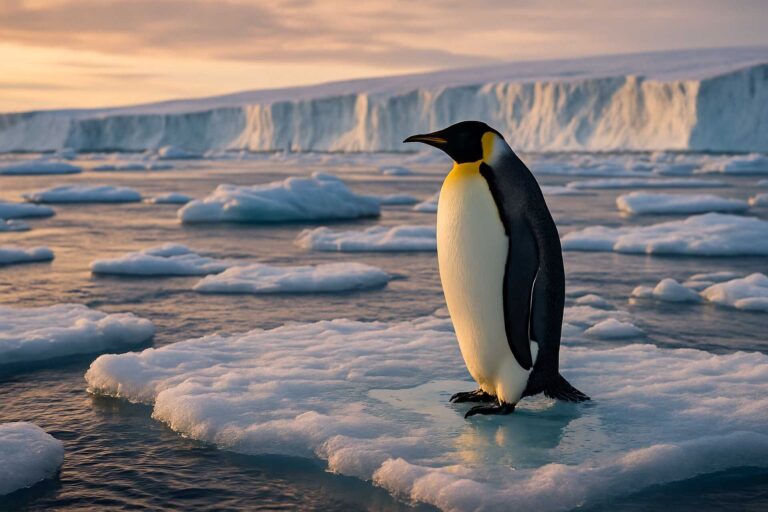 Ein Kaiserpinguin auf schmelzendem Meereis in der Antarktis – Sinnbild für die dramatischen Veränderungen am Südpol
