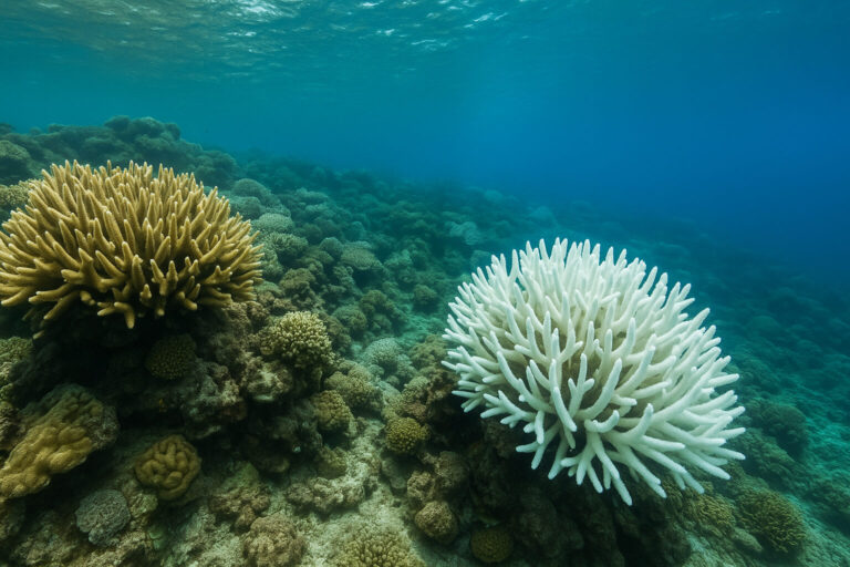 Zwei Gesichter des Riffs – vorne gesundes, farbiges Korallenwachstum, hinten eine ausgebleichte Formation: Sinnbild für die fragile Zukunft des Great Barrier Reefs