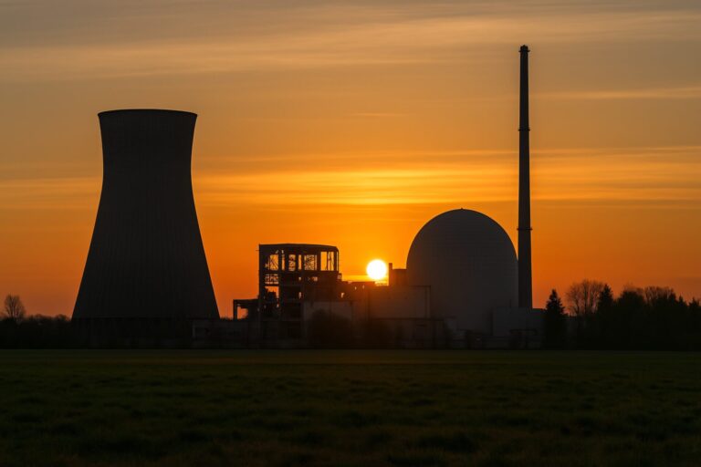 Symbolbild: Atomkraftwerk bei Sonnenuntergang, im Vordergrund eine grüne Landschaft