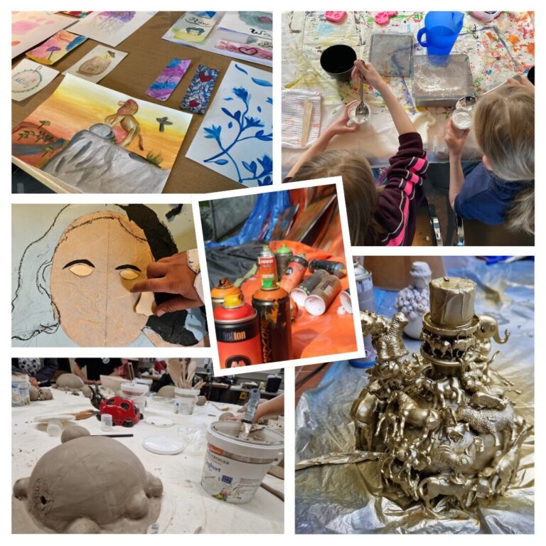 Foto-Collage: Ein kleiner Rückblick auf die Ergebnisse sowie Arbeitsprozesse aus den Workshops 2025 (Aquarell-Malerei, Raysin-Kunst, Selfie-Collagen, Graffiti, töpfern, Lampen-Design) Foto: Stadt Oerlinghausen 