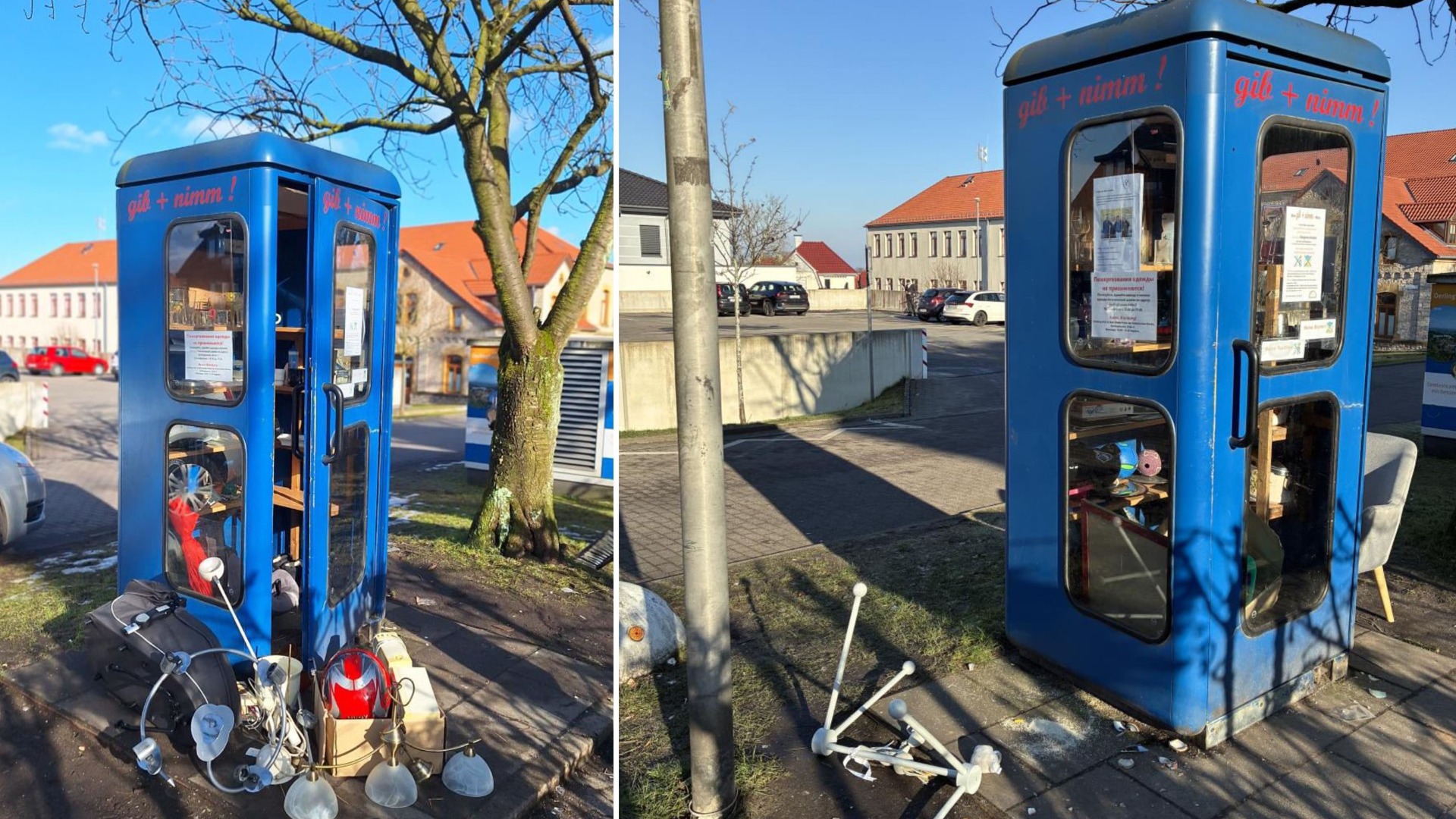 Viele, zum Teil defekte Gegenstände, die nicht in oder um die „gib + nimm-Box“ gehören.(ausgeräumte Box Foto rechts oder wie im Foto links – Gegenstände, die einfach neben die Box gestellt werden.  Foto: Stadt Oerlinghausen