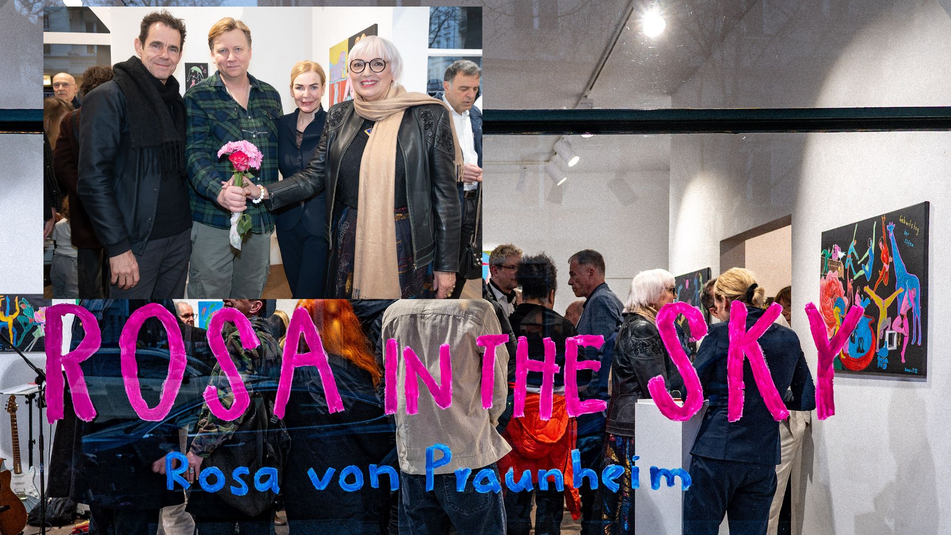 Hoher Besuch zur Ausstellungseröffnung: Regisseur Tom Tykwer, Rosas Witwer Oliver Sechting, Galeristin Frieda Vogel und Grünen-Politikerin Claudia Roth (v.l.). (Foto: highgloss.de)