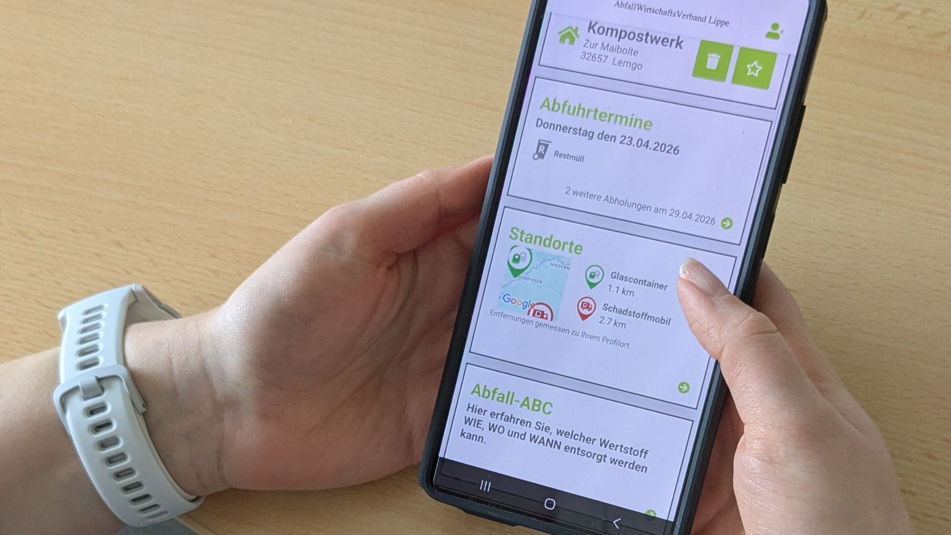 Abfall-App – Herunterladen, Profil anlegen und die "Abfall Lippe"-App zeigt alle nützlichen Informationen rund um die Sortierung, Abfuhrtermine und Abgabestandorte.​​Foto: Abfallwirtschaftsverband Lippe