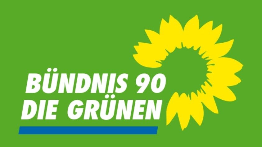 Grünes Logo von Bündnis 90/Die Grünen mit weißer Schrift, gelber Sonnenblume und blauem Balken