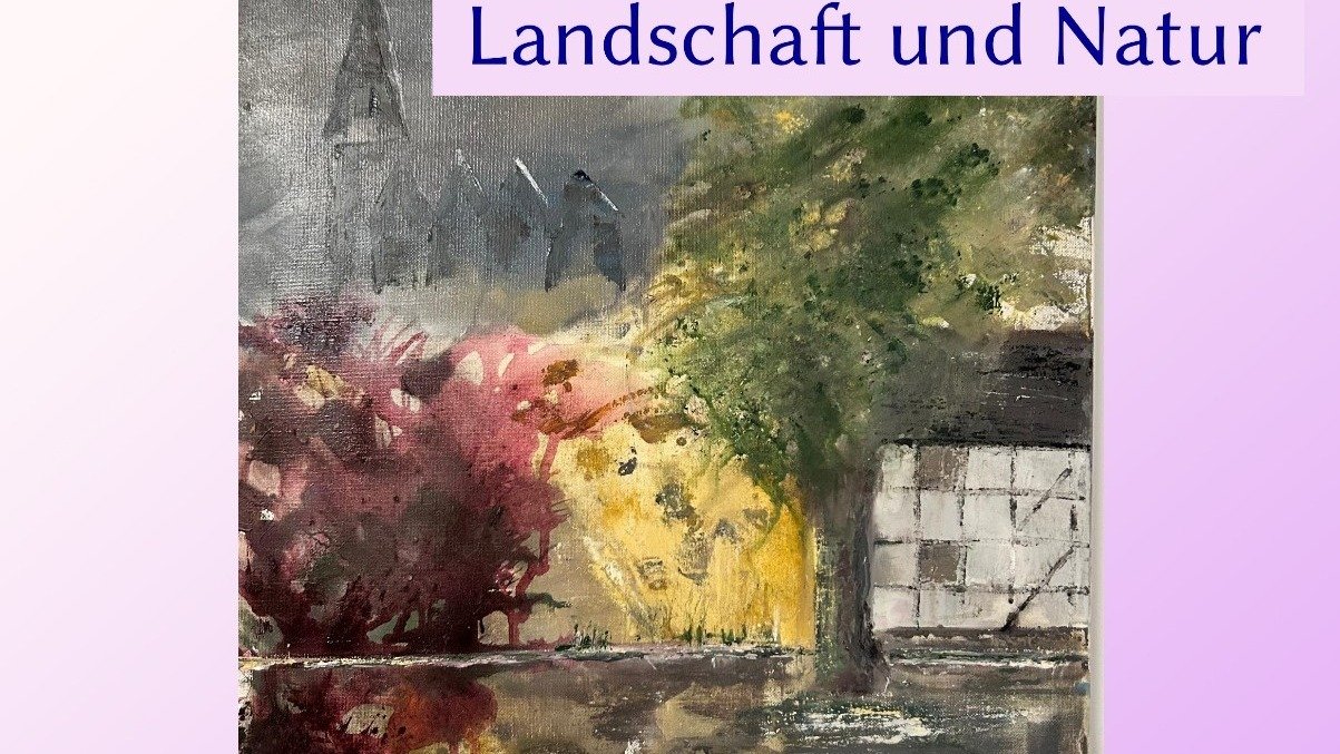 Grüner Baum, rote Sträucher, graue Gebäude und spiegelndes Wasser in einer Landschaft