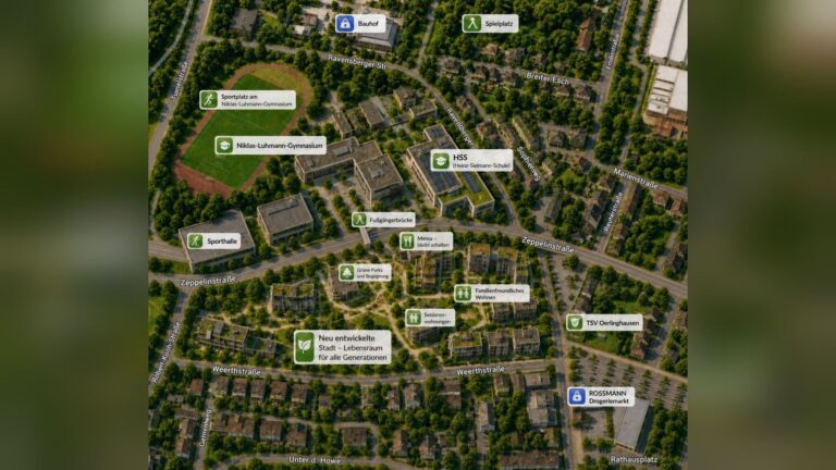 Satellitenansicht eines Stadtteils mit zwei Schulen, Sportplatz, Wohnhäusern, Straßen, Grünflächen und Beschriftungen