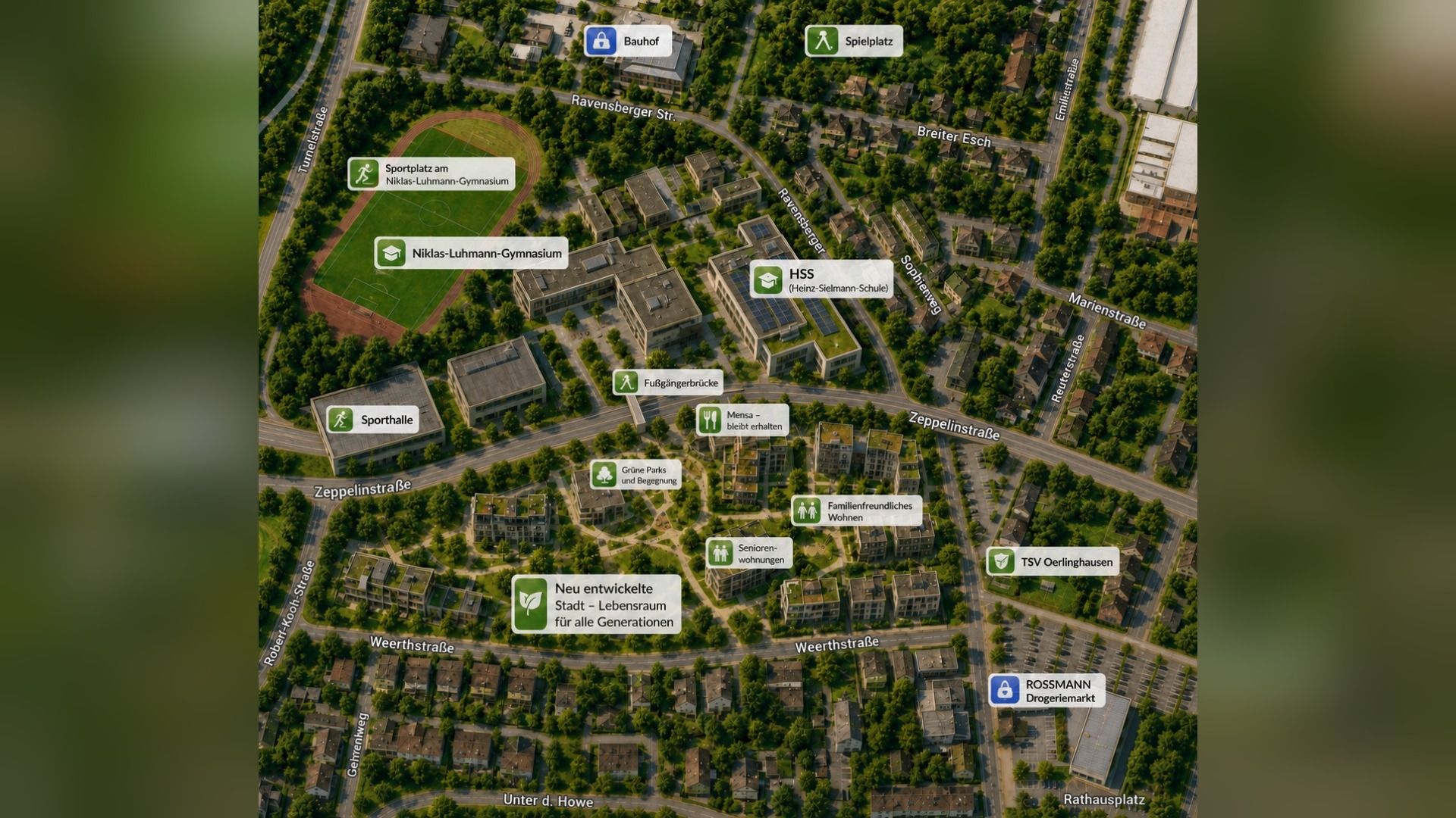 Satellitenansicht eines Stadtteils mit zwei Schulen, Sportplatz, Wohnhäusern, Straßen, Grünflächen und Beschriftungen