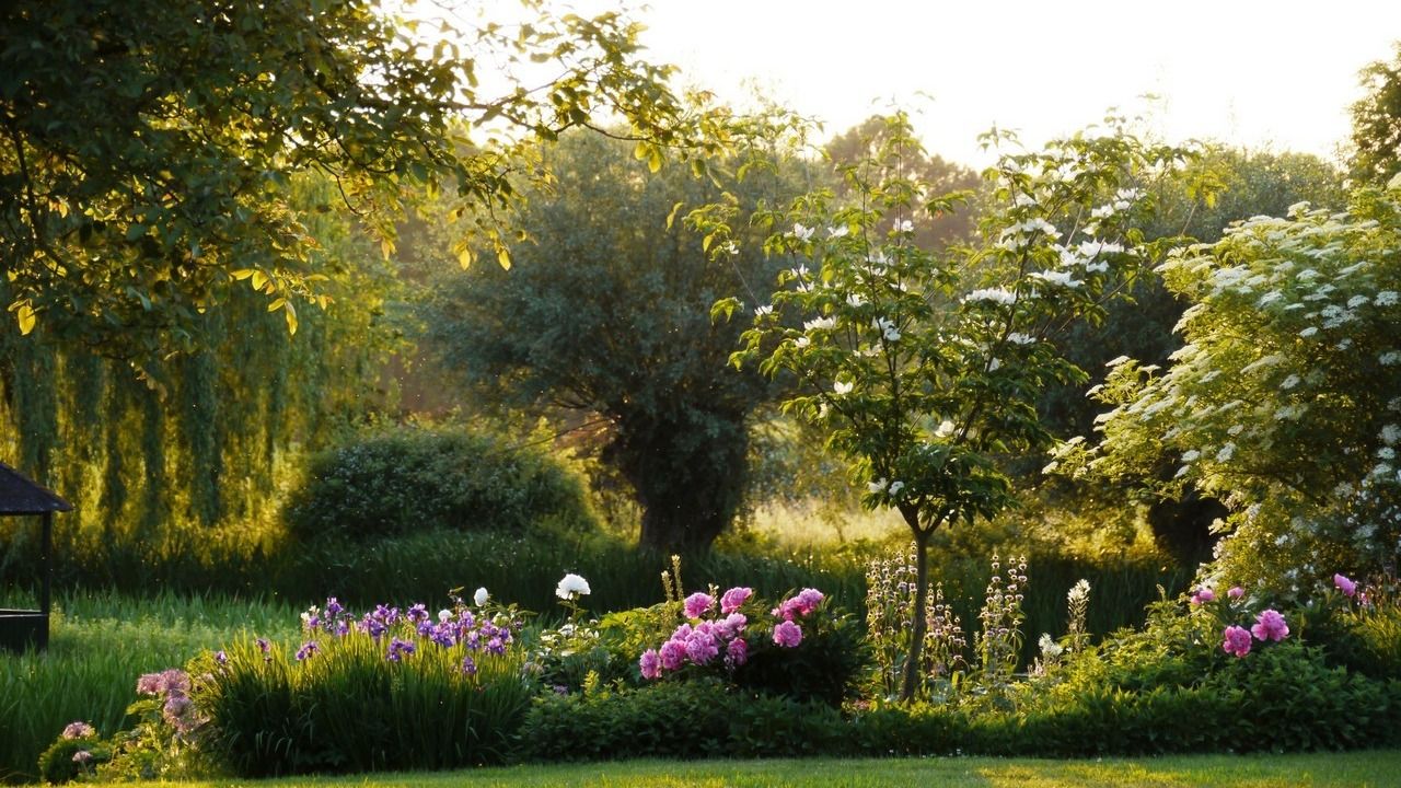 Blühender Bauernpark mit rosa Pfingstrosen, lila Iris, grünen Bäumen und Sträuchern im warmen Sonnenlicht
