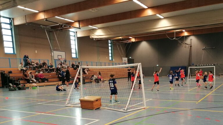 Mehrere Kinder in Trikots spielen Handball in einer Sporthalle mit Zuschauern auf der Tribüne und zwei Toren