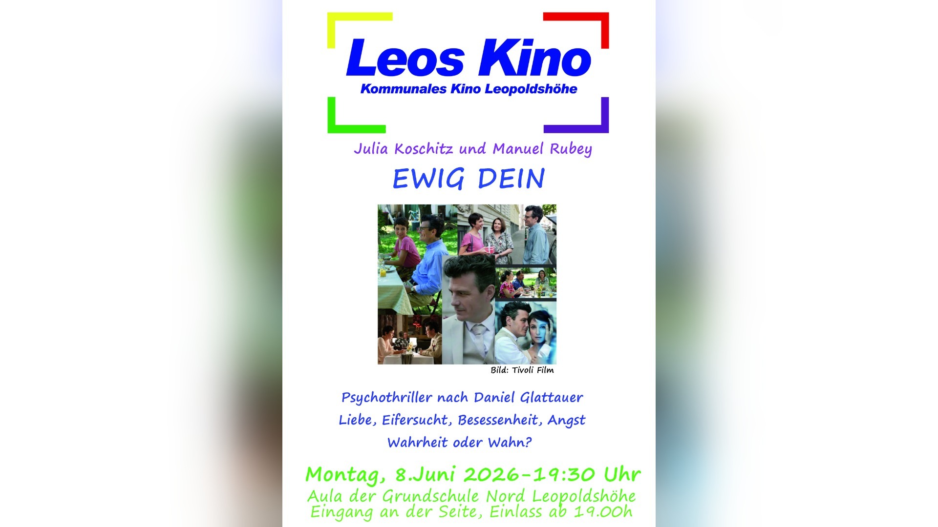 Filmposter EWIG DEIN mit einer Collage von Filmszenen und den Darstellern Julia Koschitz und Manuel Rubey