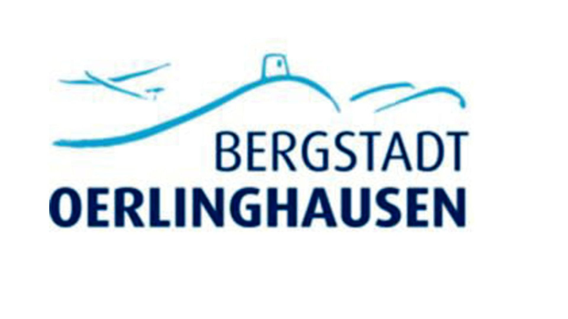 Blaues Logo mit stilisierten Hügeln, einem Turm und dem Schriftzug Bergstadt Oerlinghausen