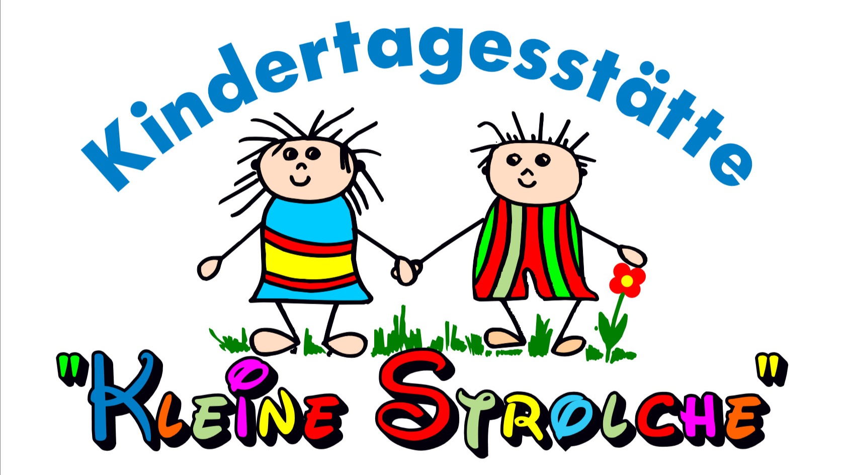 Zeichnung von zwei Händchen haltenden Kindern auf Gras, darüber der Schriftzug "Kindertagesstätte", darunter "Kleine