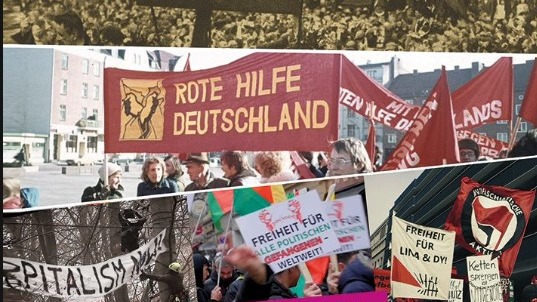 Collage verschiedener Proteste mit Menschen, Transparenten wie "ROTE HILFE DEUTSCHLAND" und roten Fahnen