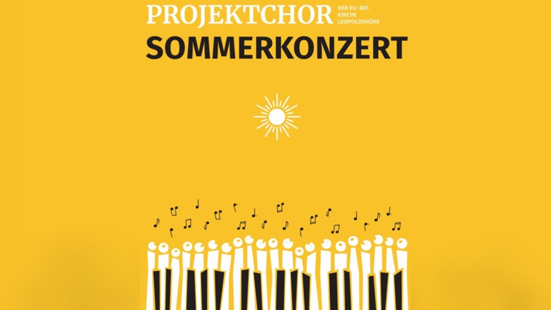 Schriftzug Projektchor Sommerkonzert auf gelbem Grund, darunter stilisierte Klaviertasten als Chor mit Musiknoten und