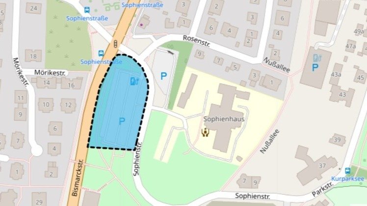 Stadtplan von Bad Salzuflen mit Sophienhaus, Sophienstraße, Bismarckstraße und einem blau markierten Parkplatz