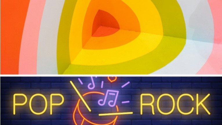 Oben bunte, konzentrische Formen; unten leuchtende Neon-Schriftzüge 'POP' und Musiksymbole auf dunkler Ziegelwand