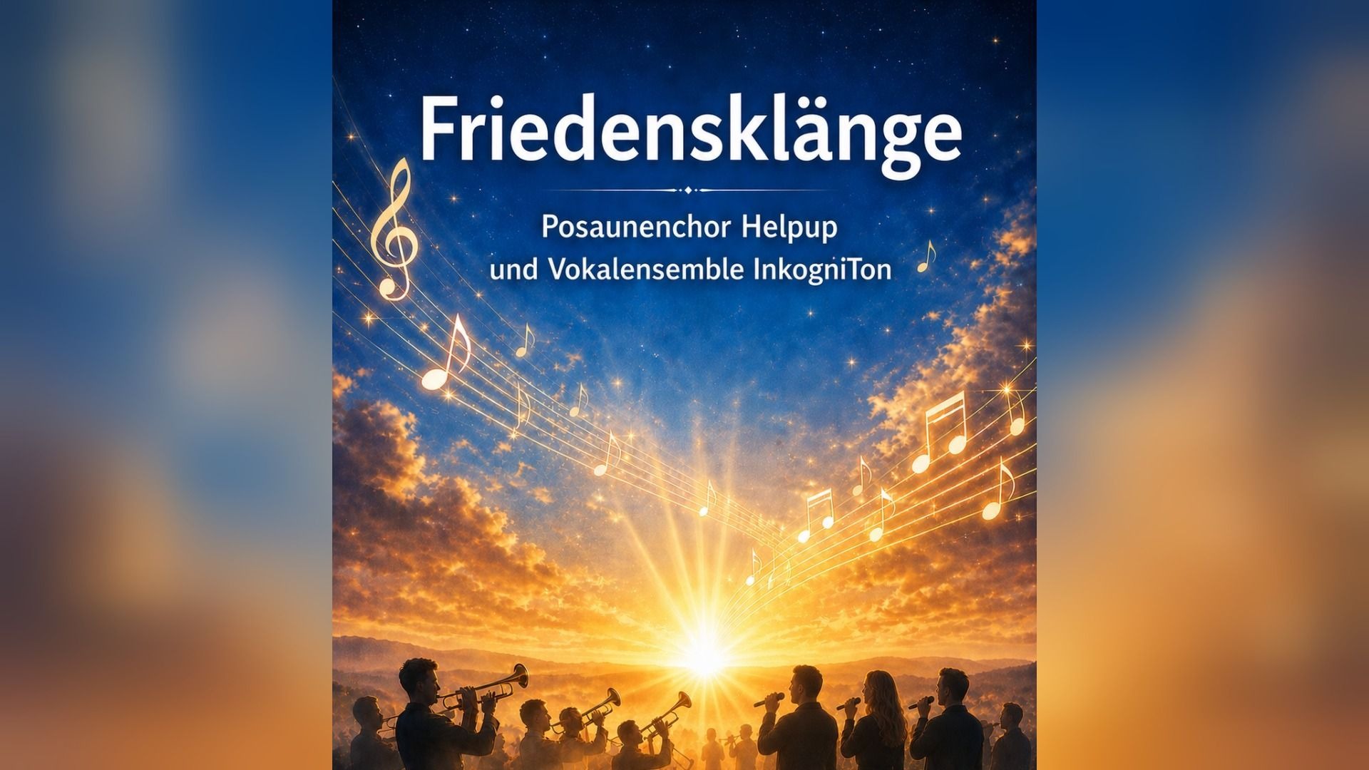 Musiker spielen Blasinstrumente und singen vor einem Sternenhimmel mit leuchtenden Noten und strahlender Sonne beim