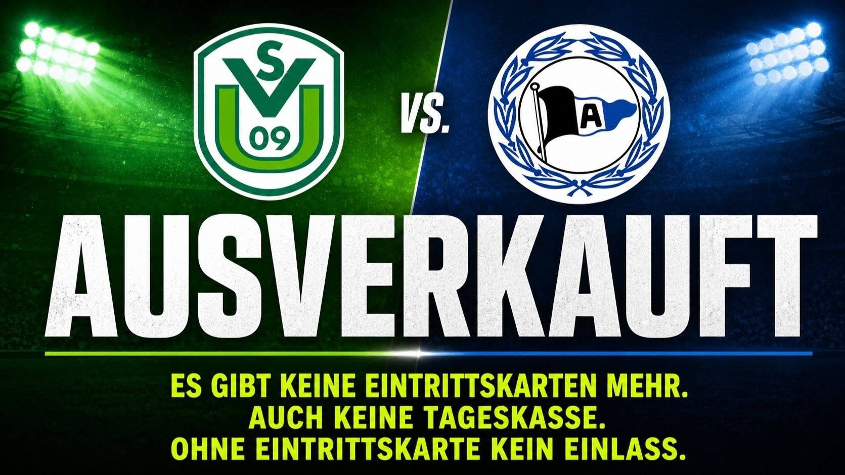 Logos von SV Meppen und Arminia Bielefeld mit der Aufschrift "VS." und "AUSVERKAUFT", dazu Hinweise zu nicht