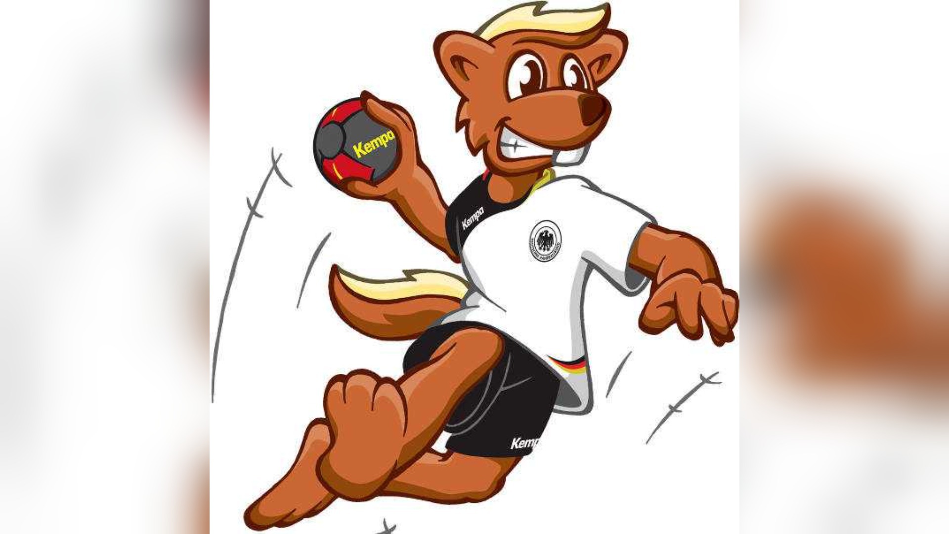 Braunes Maskottchen in Deutschland-Handball-Trikot springt dynamisch mit Kempa-Handball