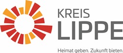 Logo des Kreises Lippe mit einem roten und orangen kreisförmigen Emblem und dem Slogan „Heimat geben. Zukunft bieten