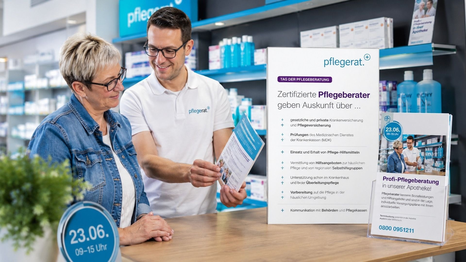 Ein Pflegeberater zeigt einer älteren Frau in einer Apotheke eine Broschüre zur Pflegeberatung