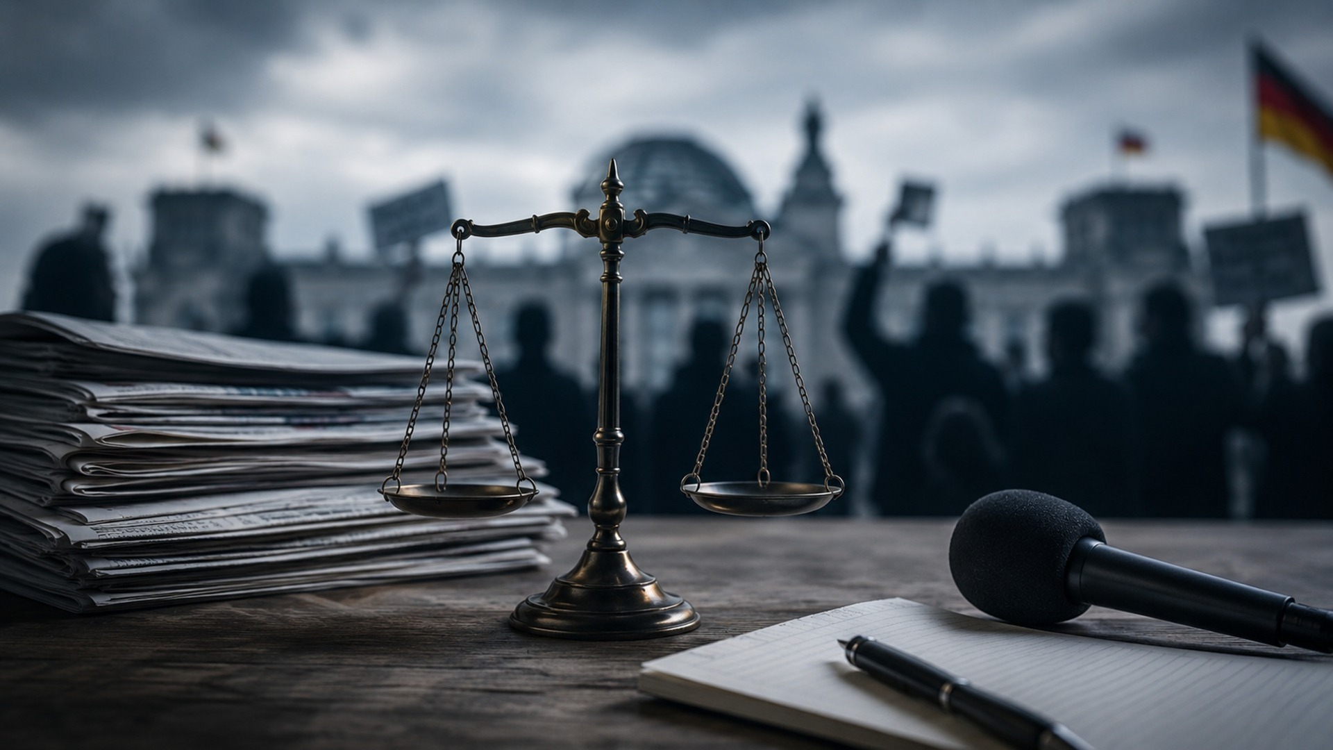 Stapel Zeitungen, Waage, Mikrofon, Notizbuch vor einer protestierenden Menschenmenge vor dem Reichstagsgebäude mit