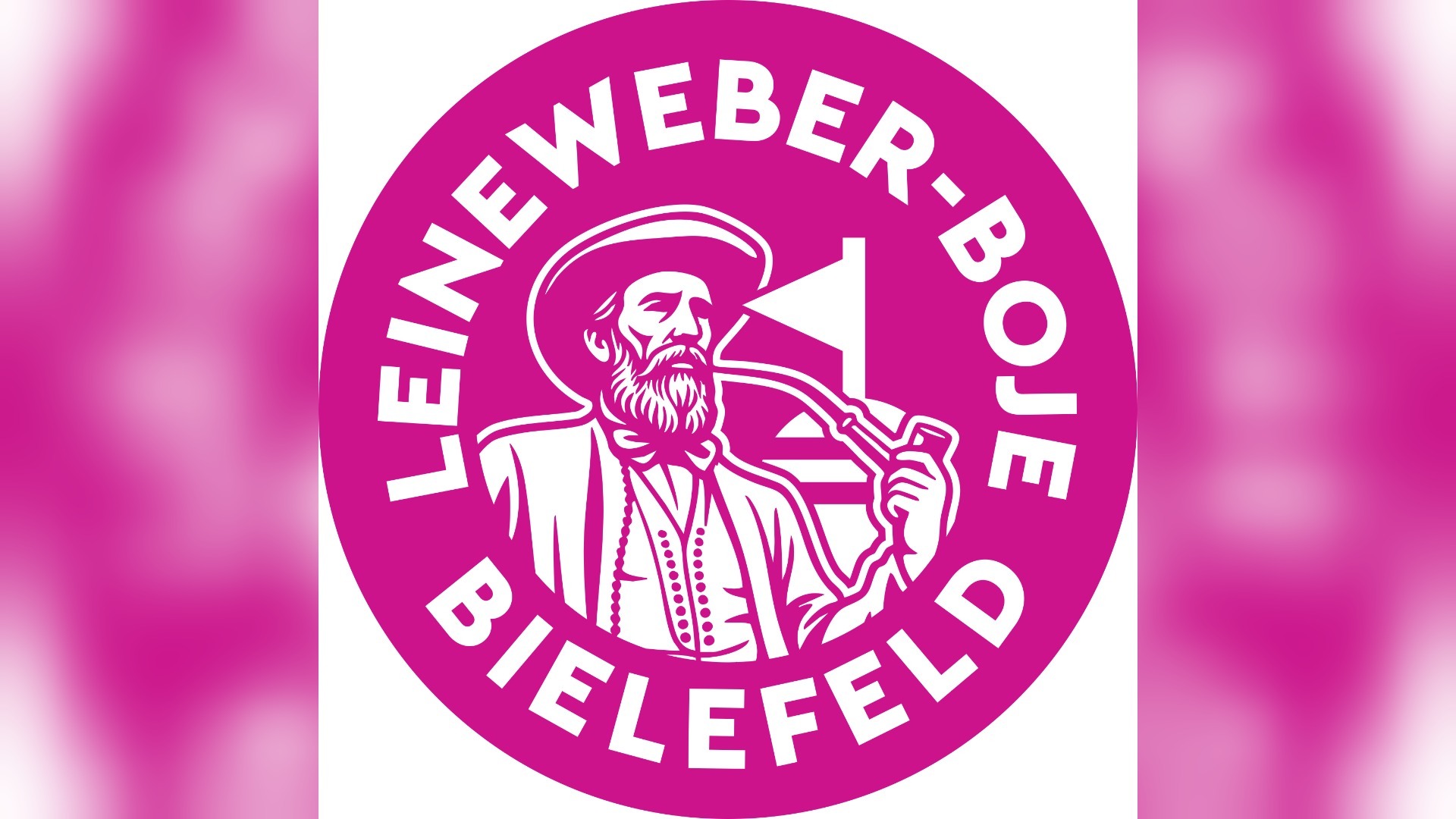 Rundes magenta Logo mit einem bärtigen Mann im Hut, der Pfeife raucht, und dem Schriftzug LEINEWEBER-BOJE BIELEFELD