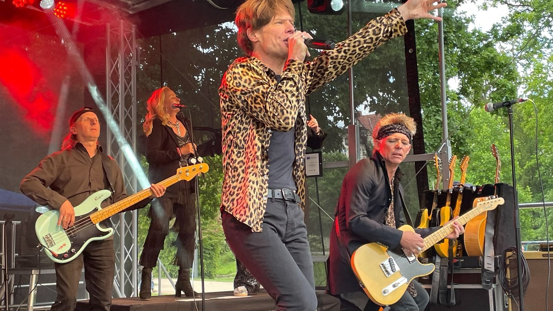 Vier Musiker spielen live auf einer Bühne: Ein Sänger im Leopardenhemd, ein Bassist, ein Gitarrist und eine Sängerin