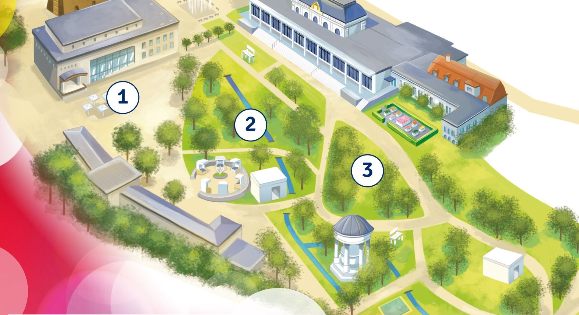 Gezeichneter Übersichtsplan des Kurparks Bad Salzuflen mit Gebäuden, Wegen, Bäumen, Wasserläufen und drei nummerierten
