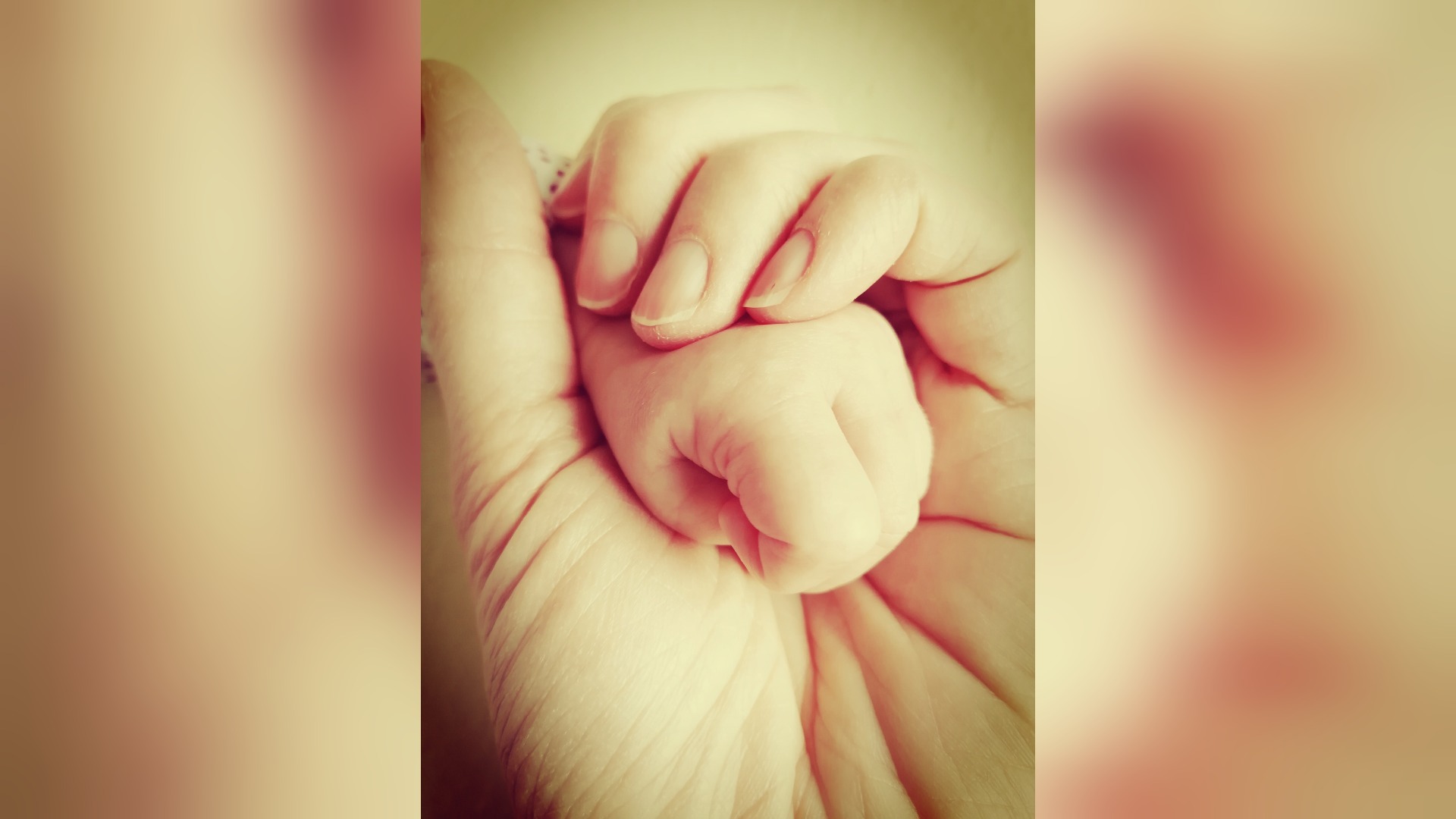Eine große Hand hält schützend eine kleine, geballte Babyfaust