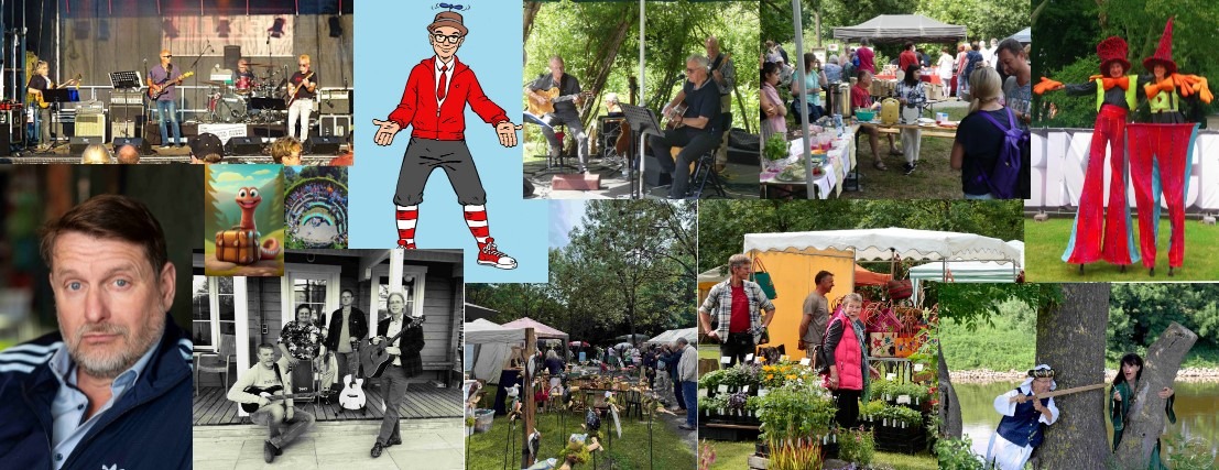 Collage von Szenen eines Festes: Bands, Marktstände, Stelzenläufer und viele Besucher im Freien