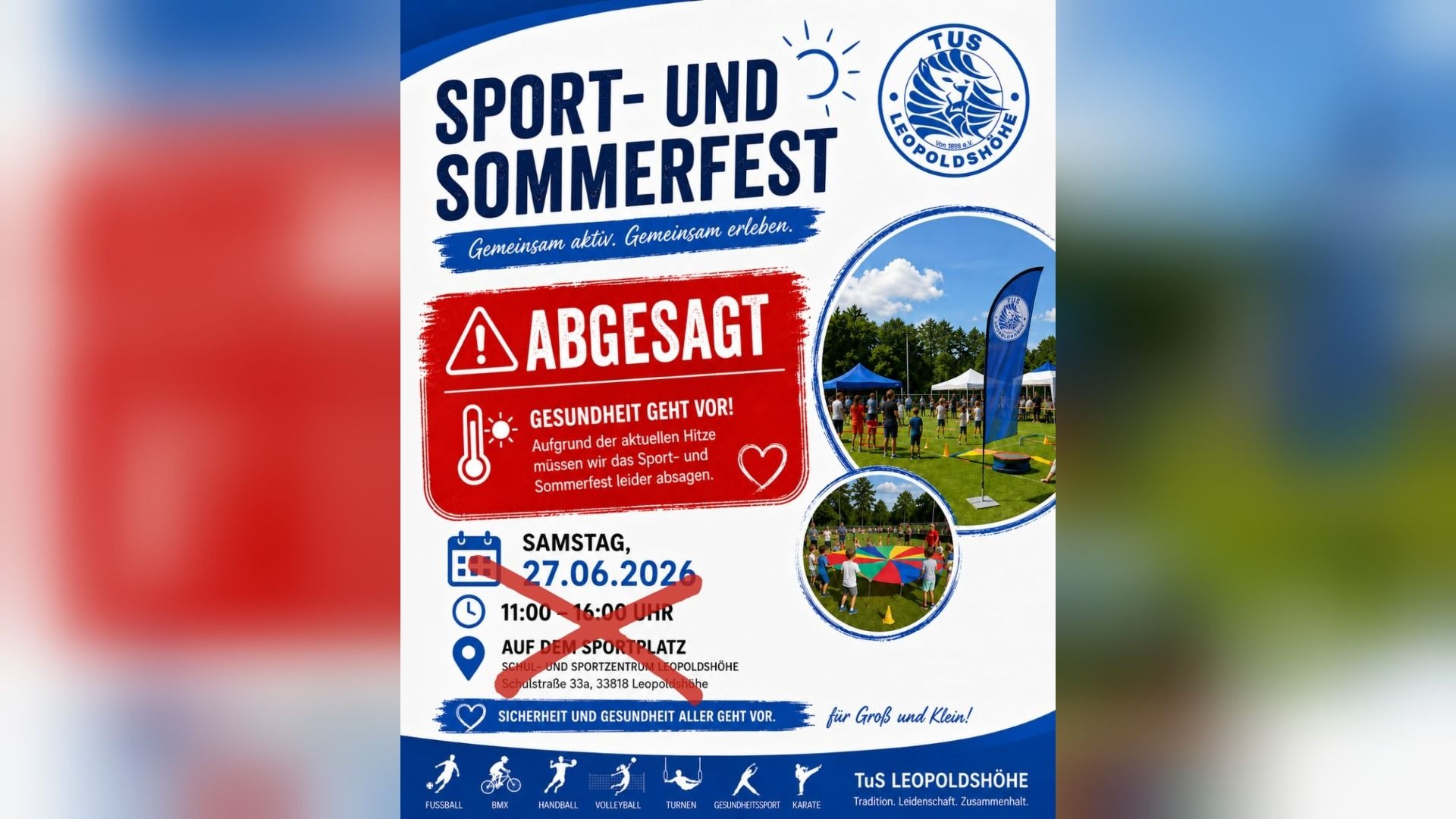 Flyer für ein Sport- und Sommerfest mit großem "ABGESAGT"-Hinweis aufgrund von Hitze und Bildern von Sportaktivitäten