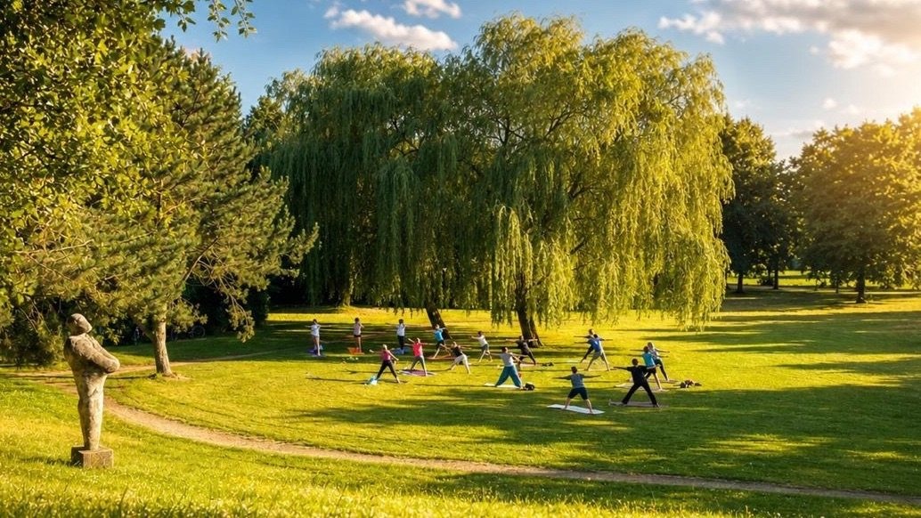 Mehrere Personen machen Yoga-Übungen auf Matten auf einer großen grünen Wiese in einem sonnigen Park