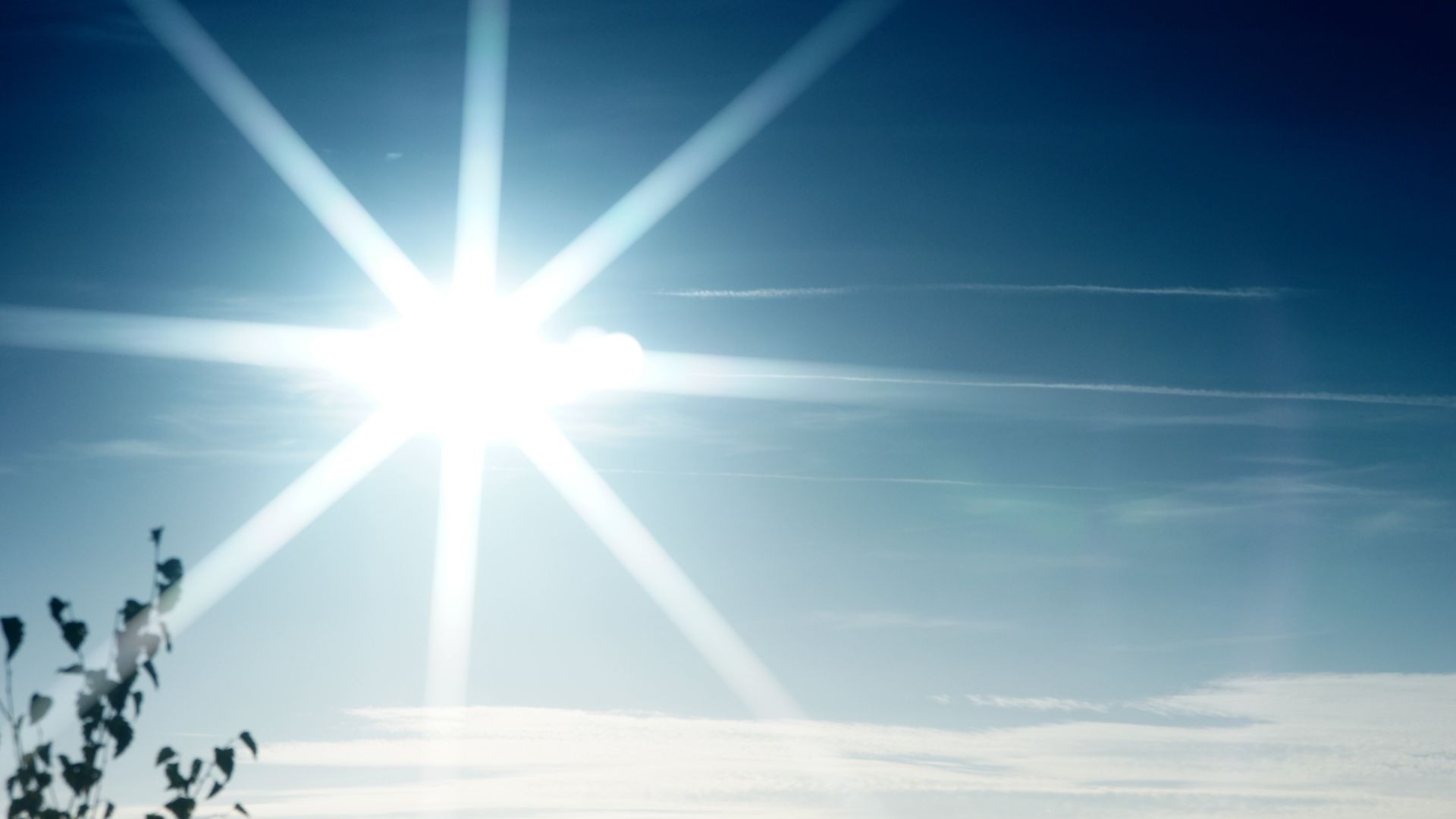 Heller, blendender Sonnenstern am blauen Himmel mit feinen Wolken und dunklen Ästen