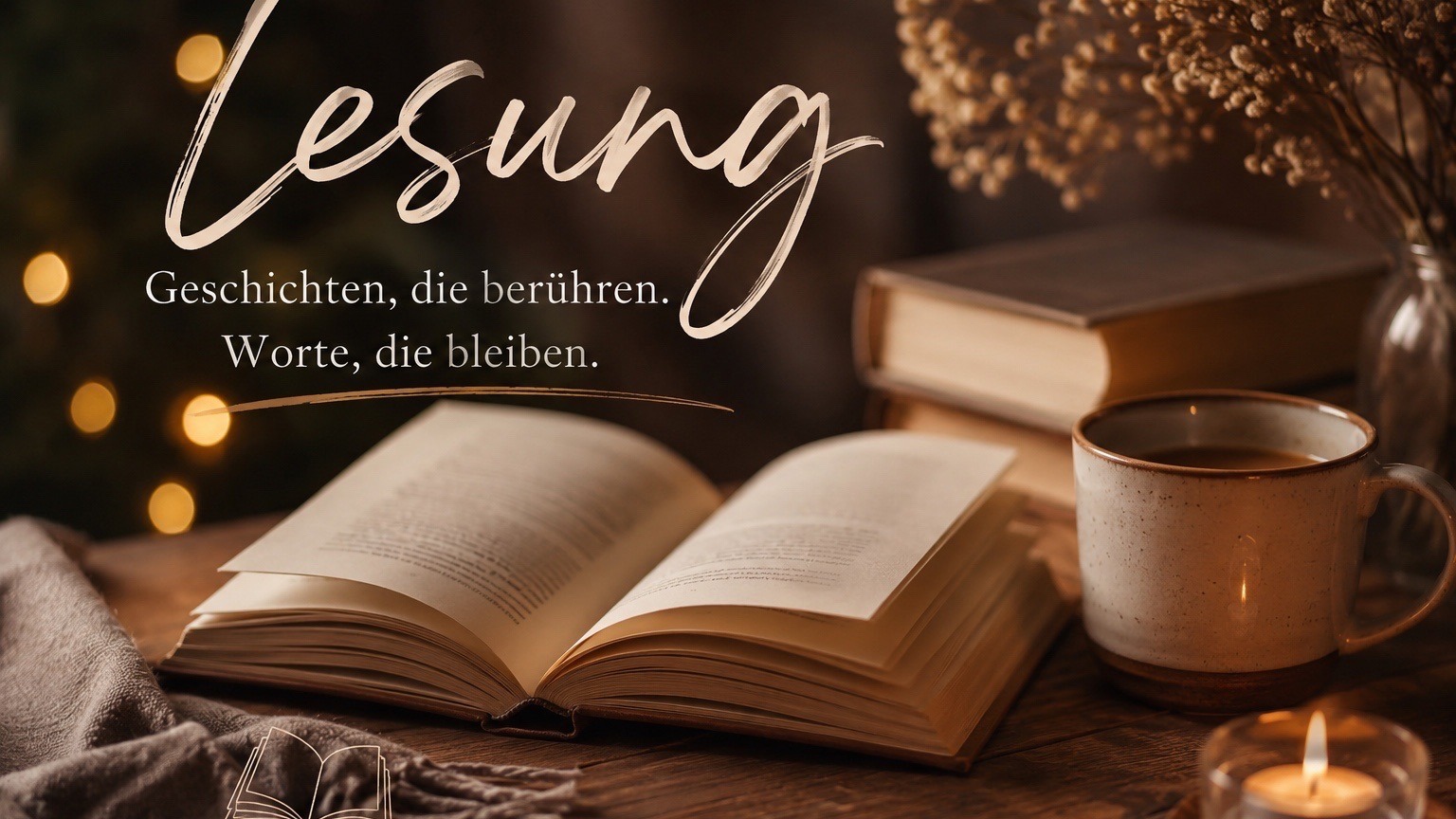 Aufgeschlagenes Buch, Kaffeetasse, Kerze, gestapelte Bücher, trockene Pflanzen und Lichter auf Holztisch