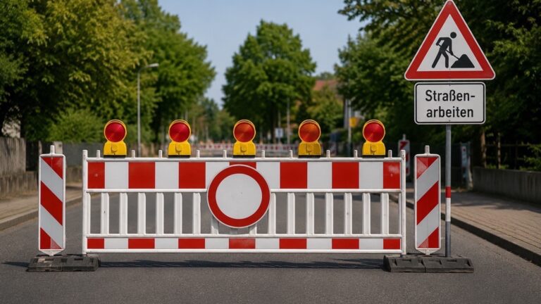Rot-weißes Absperrgitter mit roten Warnleuchten und Durchfahrt-verboten-Schild auf einer Straße, daneben ein