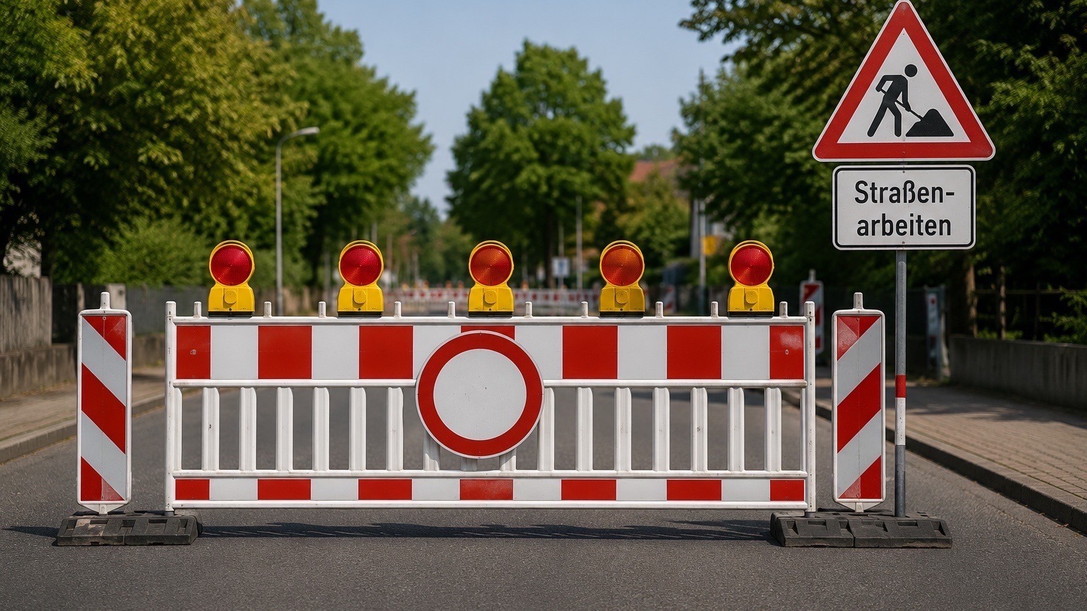 Rot-weißes Absperrgitter mit roten Warnleuchten und Durchfahrt-verboten-Schild auf einer Straße, daneben ein