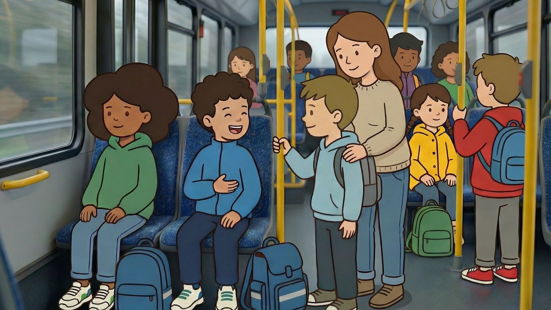 Eine Mutter und mehrere Kinder fahren sitzend und stehend mit Rucksäcken in einem Bus