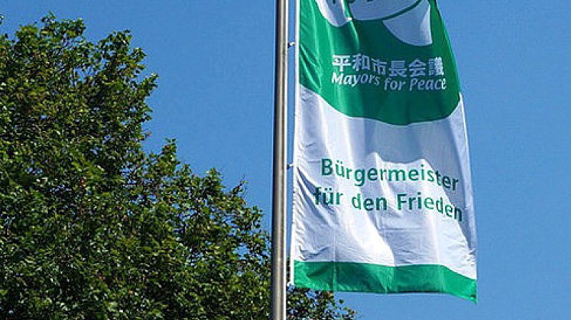 Grün-weiße Fahne von Bürgermeister für den Frieden am Mast vor blauem Himmel und einem Baum