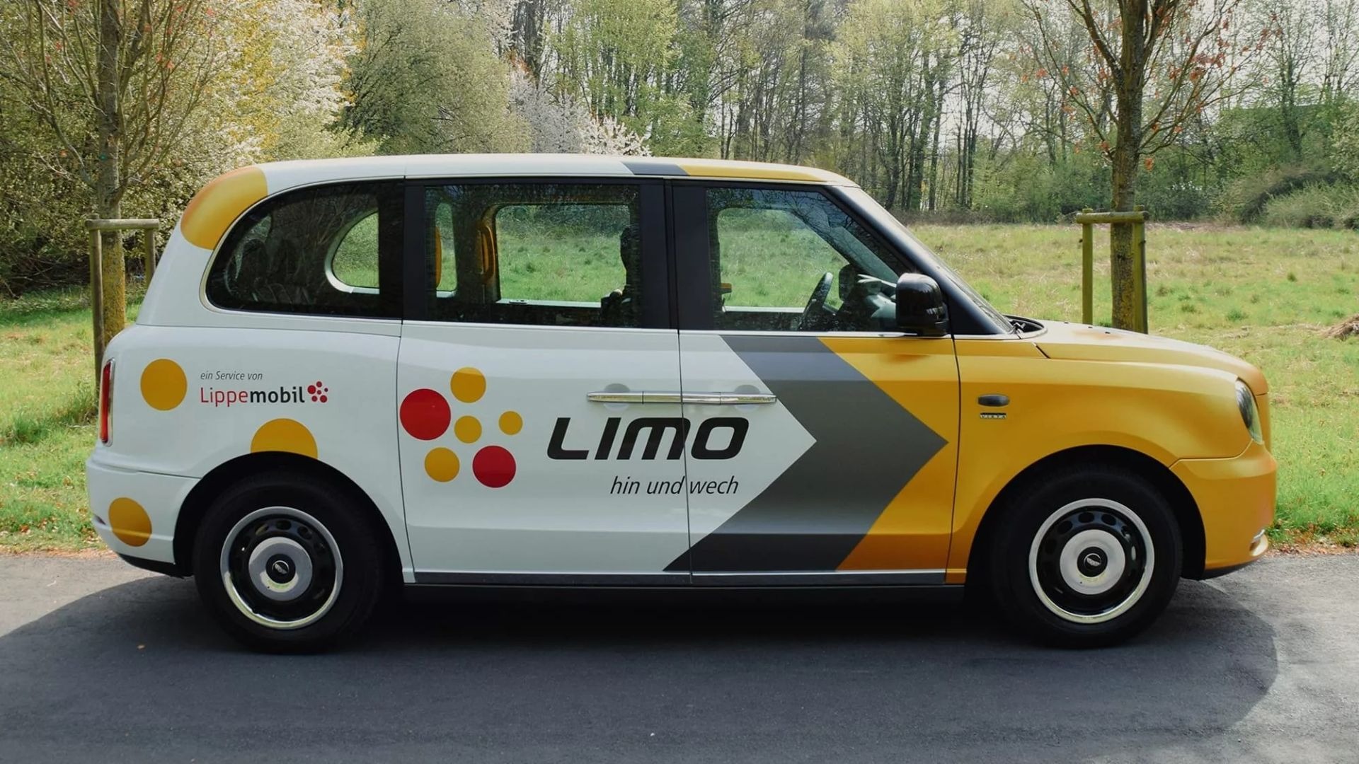 Weißes LIMO-Taxi mit gelben und grauen Mustern und Lippemobil-Schriftzug parkt auf asphaltierter Straße vor grünen