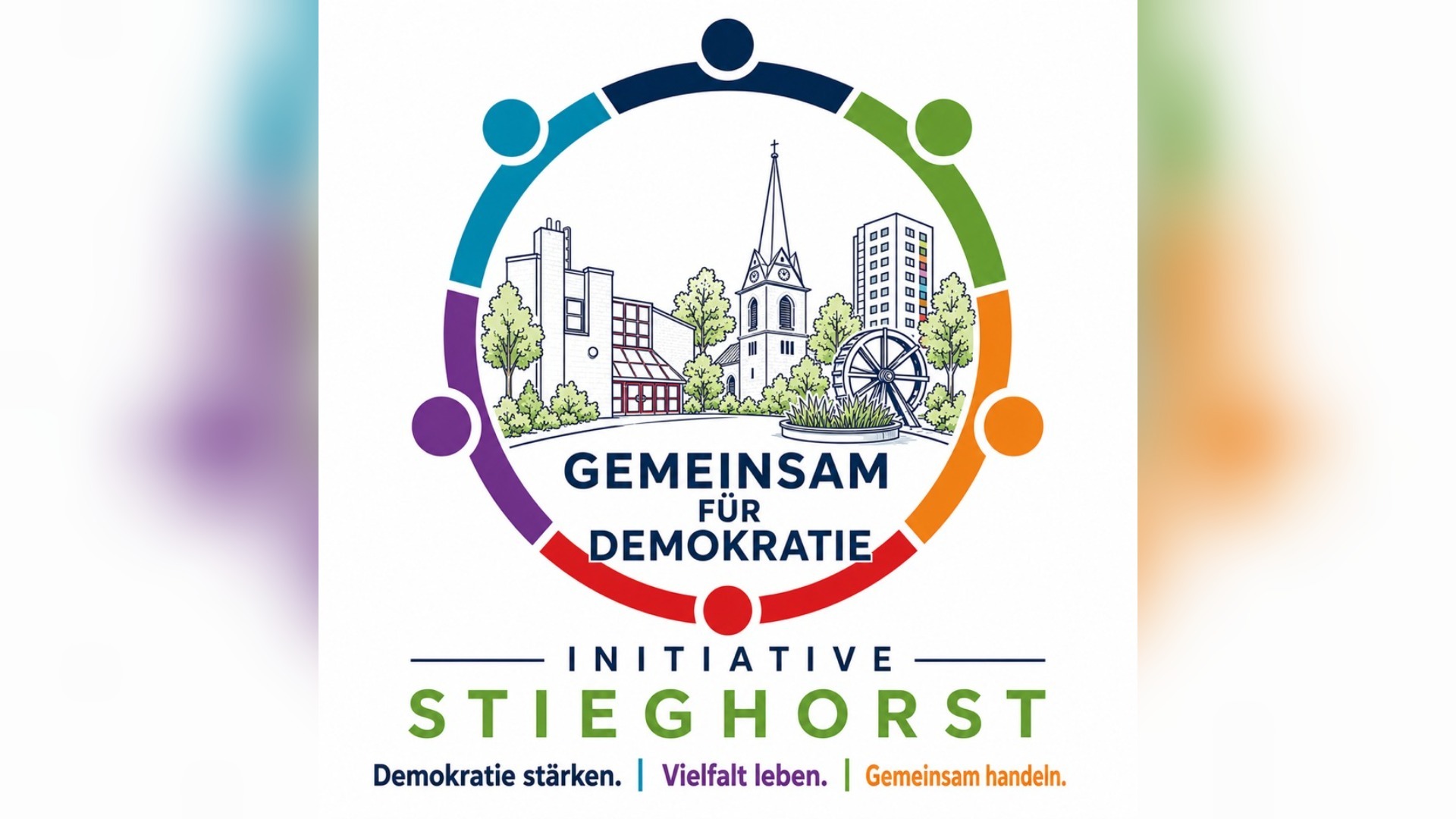 Logo der Initiative Stieghorst: stilisierte Stadtansicht mit Kirche, Häusern, Bäumen, Wasserrad und buntem Ring mit
