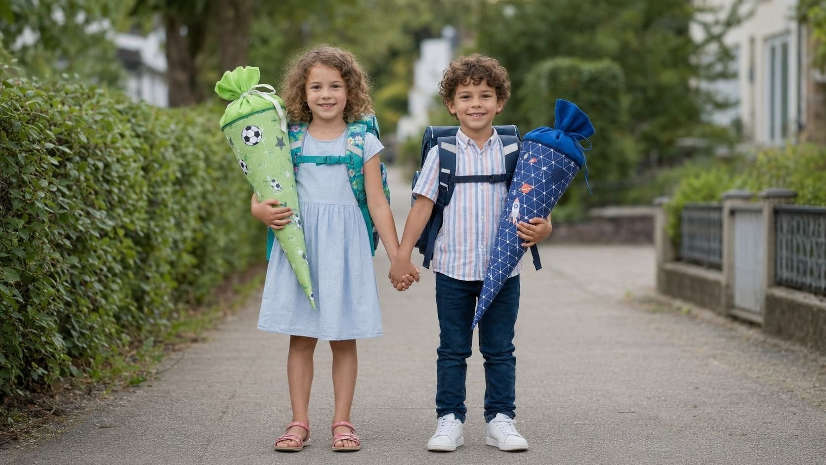 Zwei lächelnde ABC-Schützen mit Schulranzen und Schultüten halten Händchen auf einem Gehweg