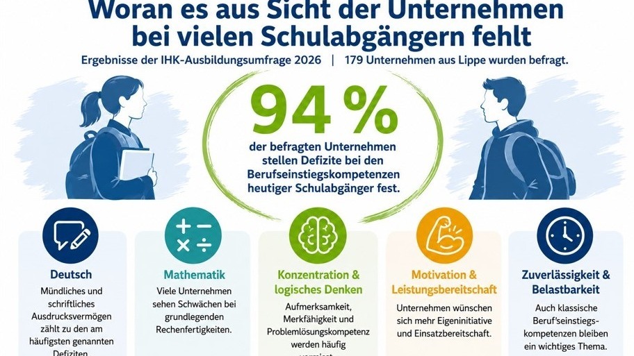 Infografik: 94% der Unternehmen sehen Defizite bei Schulabgängern in Deutsch, Mathematik, Konzentration, Motivation und