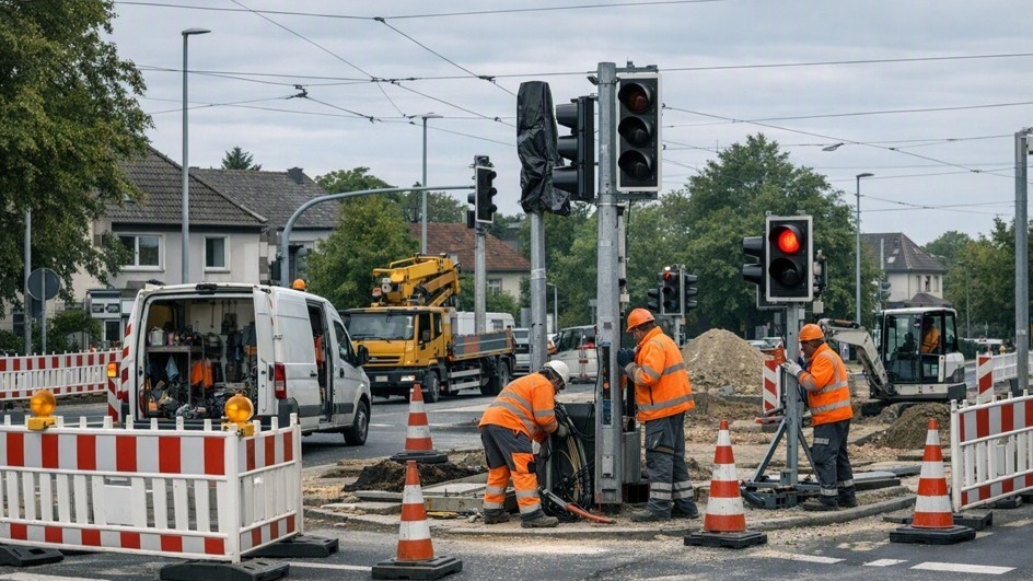 Drei Bauarbeiter in orangefarbener Warnkleidung arbeiten an Ampelanlagen auf einer Straßenbaustelle mit Bauzäunen und