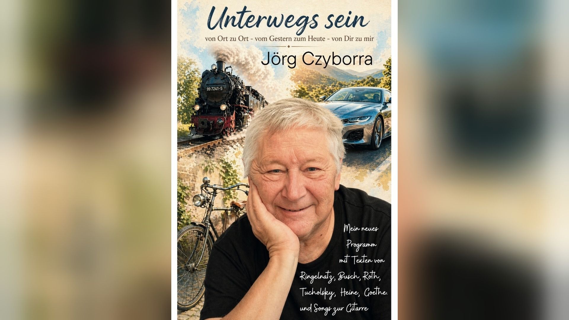 Jörg Czyborra lächelt, im Hintergrund eine Dampflok, ein modernes Auto und ein altes Fahrrad