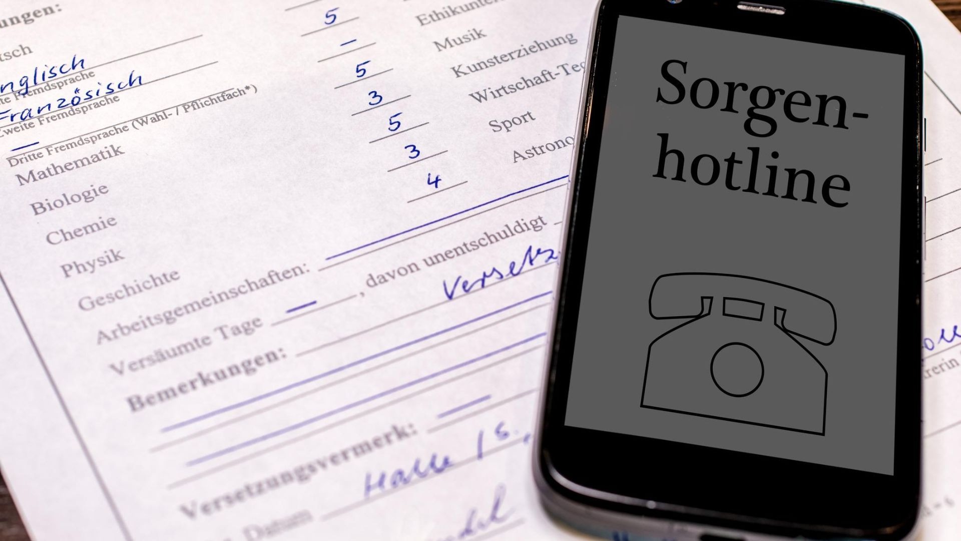 Ein Smartphone mit der Aufschrift „Sorgenhotline“ und einem Telefonsymbol liegt auf einem Schulzeugnis mit Noten