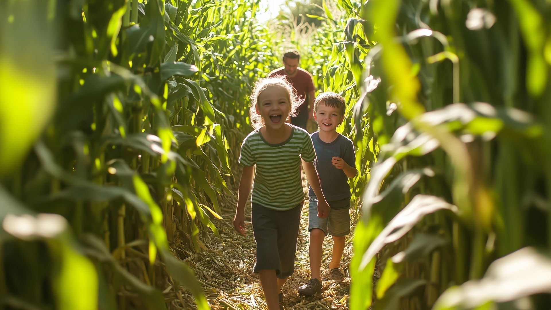Zwei lachende Kinder und ein Mann gehen fröhlich durch ein sonniges Maislabyrinth