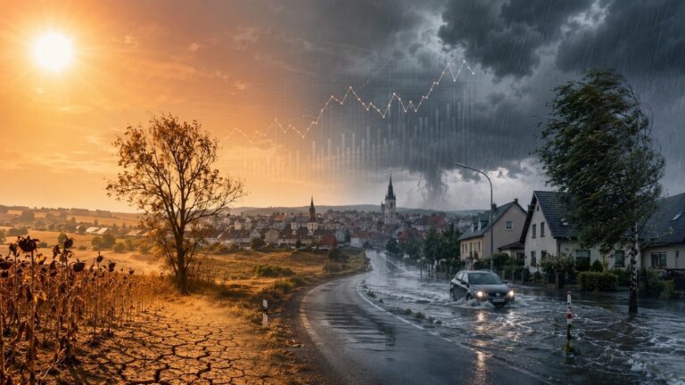 Geteilte Stadt- und Agrarlandschaft: links Dürre unter Sonne, rechts Überschwemmung mit Auto unter Sturm, mit