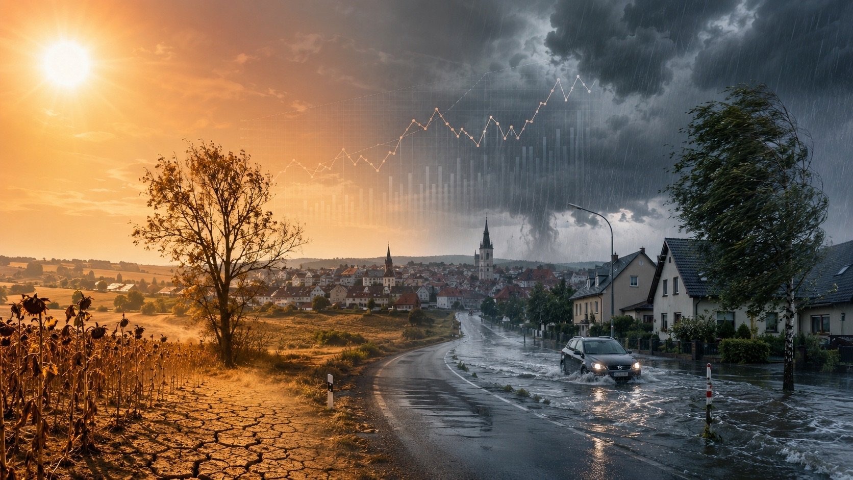 Geteilte Stadt- und Agrarlandschaft: links Dürre unter Sonne, rechts Überschwemmung mit Auto unter Sturm, mit